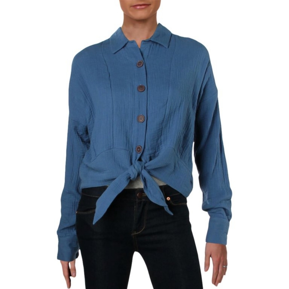 Free People Womens Sunstreaks Tie Front Button Up Long Sleeve Top Small